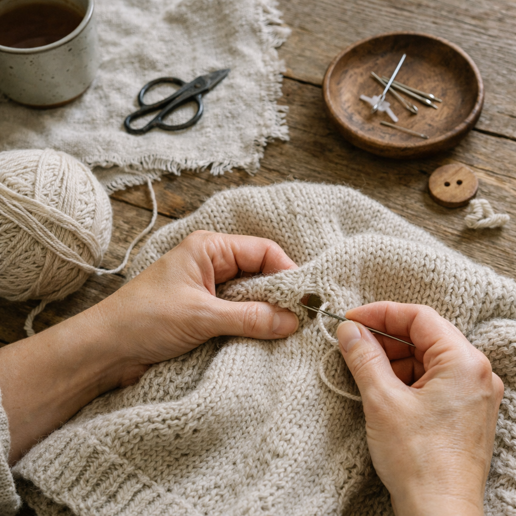 Hænder der reparerer et hul i en strikket sweater med nål, garn og sytilbehør på et bord