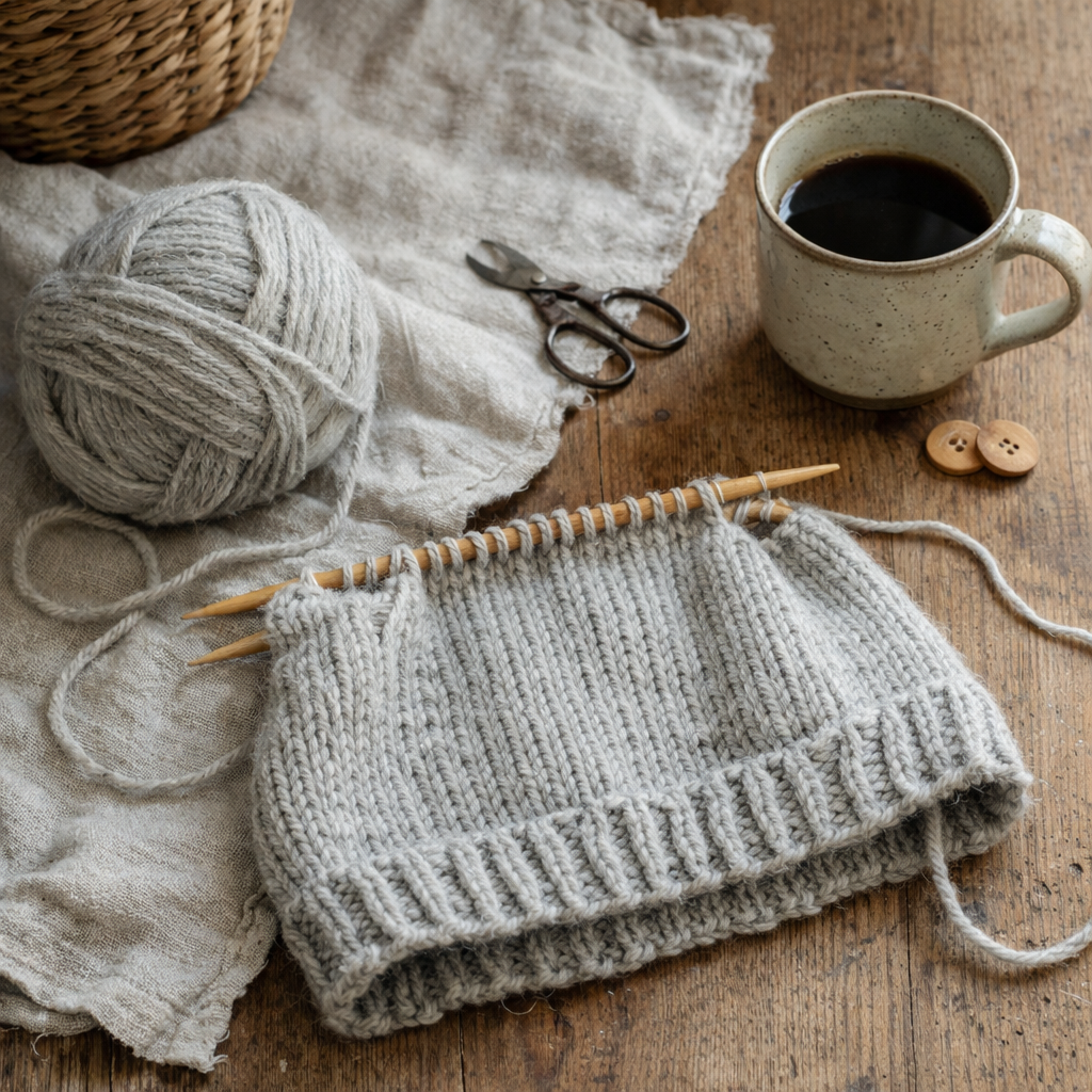 Enkel strikket sweater undervejs med garnnøgle, strikkepinde og kaffe på bordet