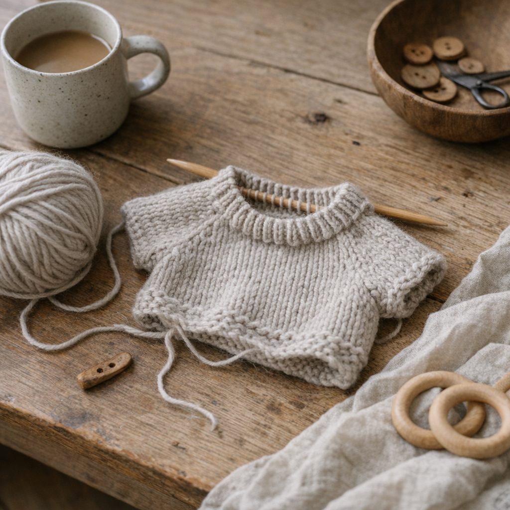 Lille raglansweater til baby strikket i lysegråt garn