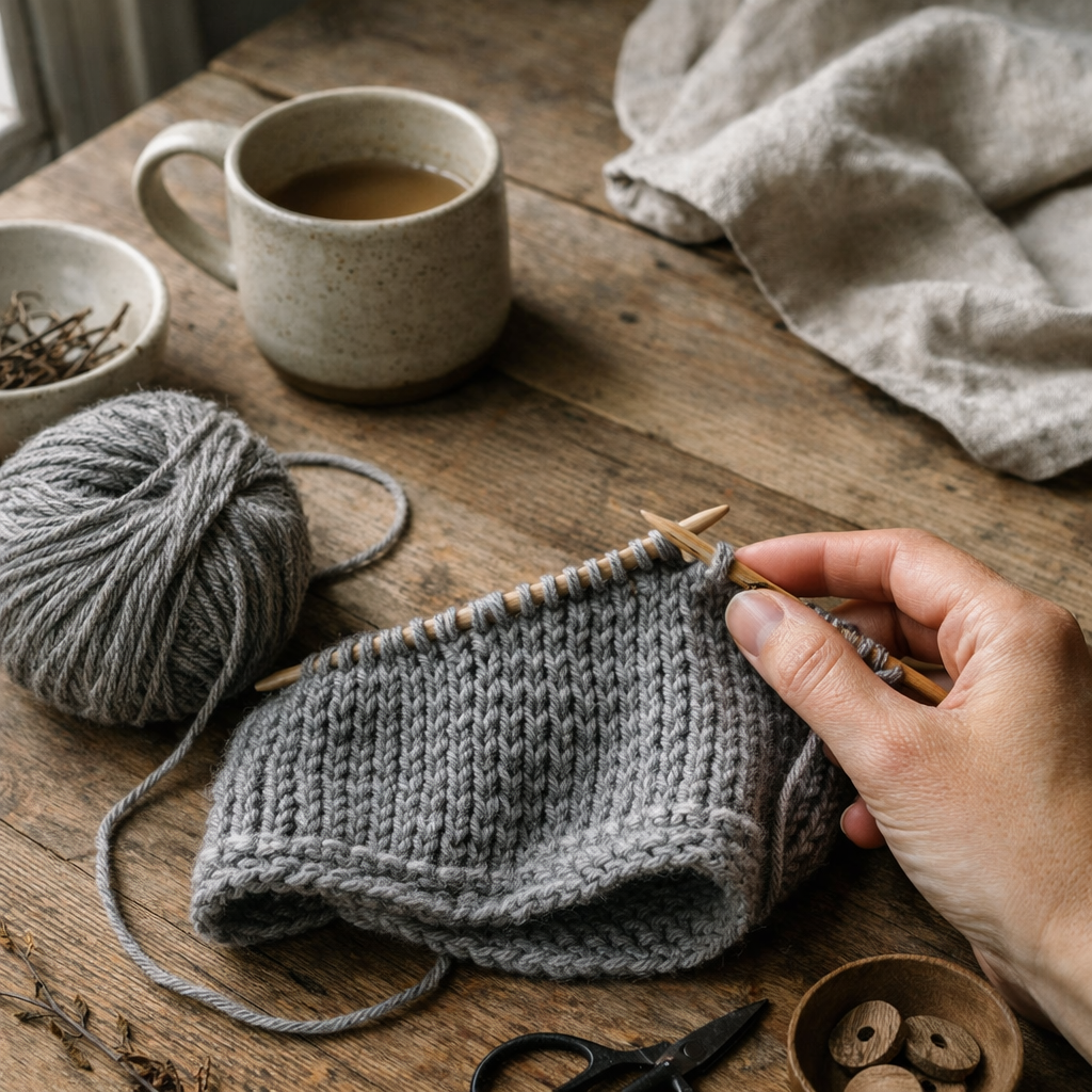 Hånd der strikker vrangmasker på et gråt strikkeprojekt med garn og kaffe på bordet