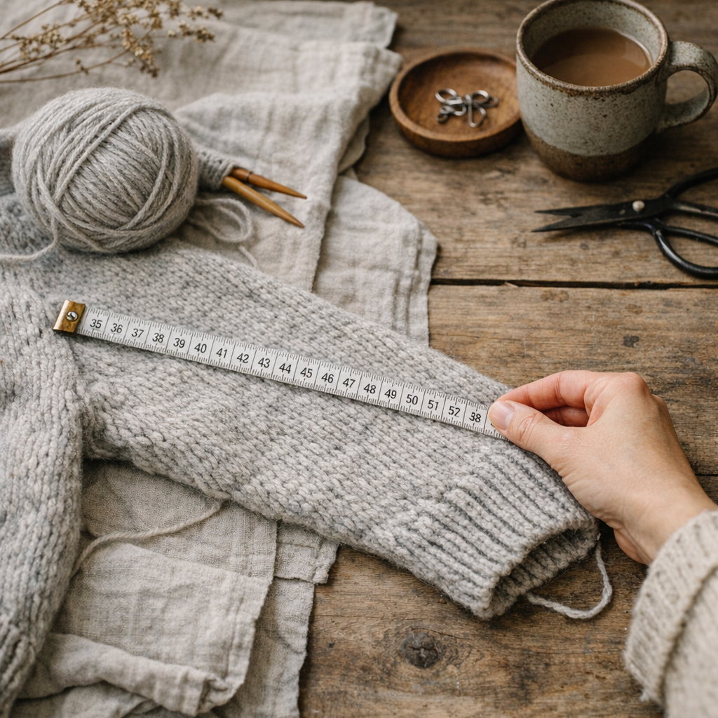 Hvordan man måler ærmelængde i strik på sweater med målebånd