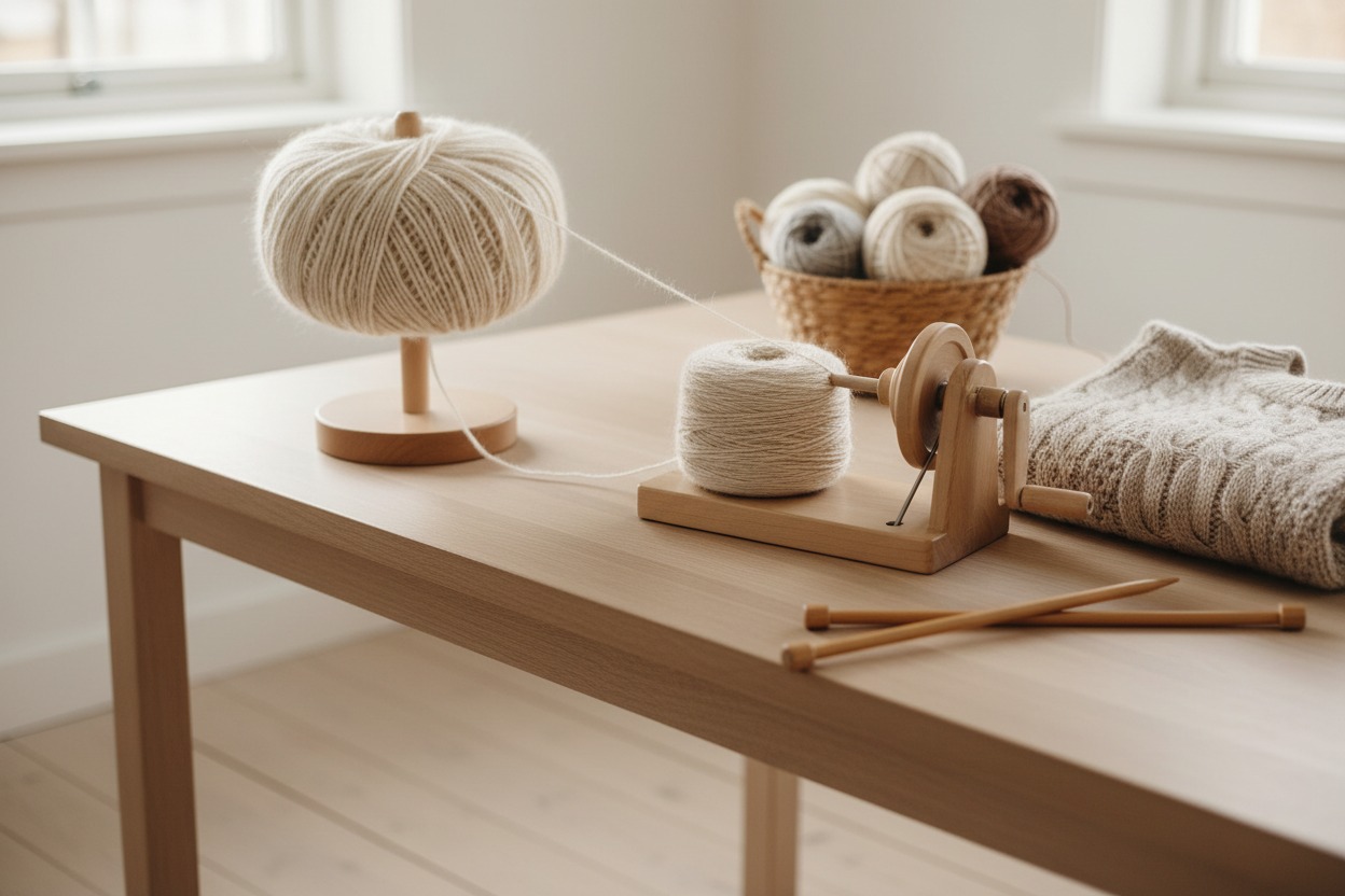 Krydsnøgleapparat til garn med garnvinde og garnkage på strikkebord