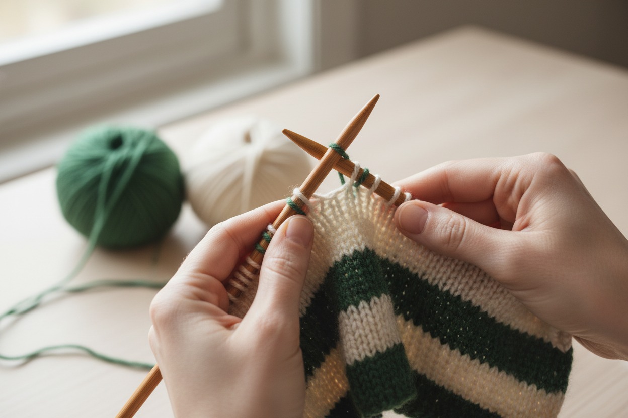 Nærbillede af hænder, der strikker med hvidt og mørkegrønt garn på træpinde, med garnnøgler i baggrunden på et bord.