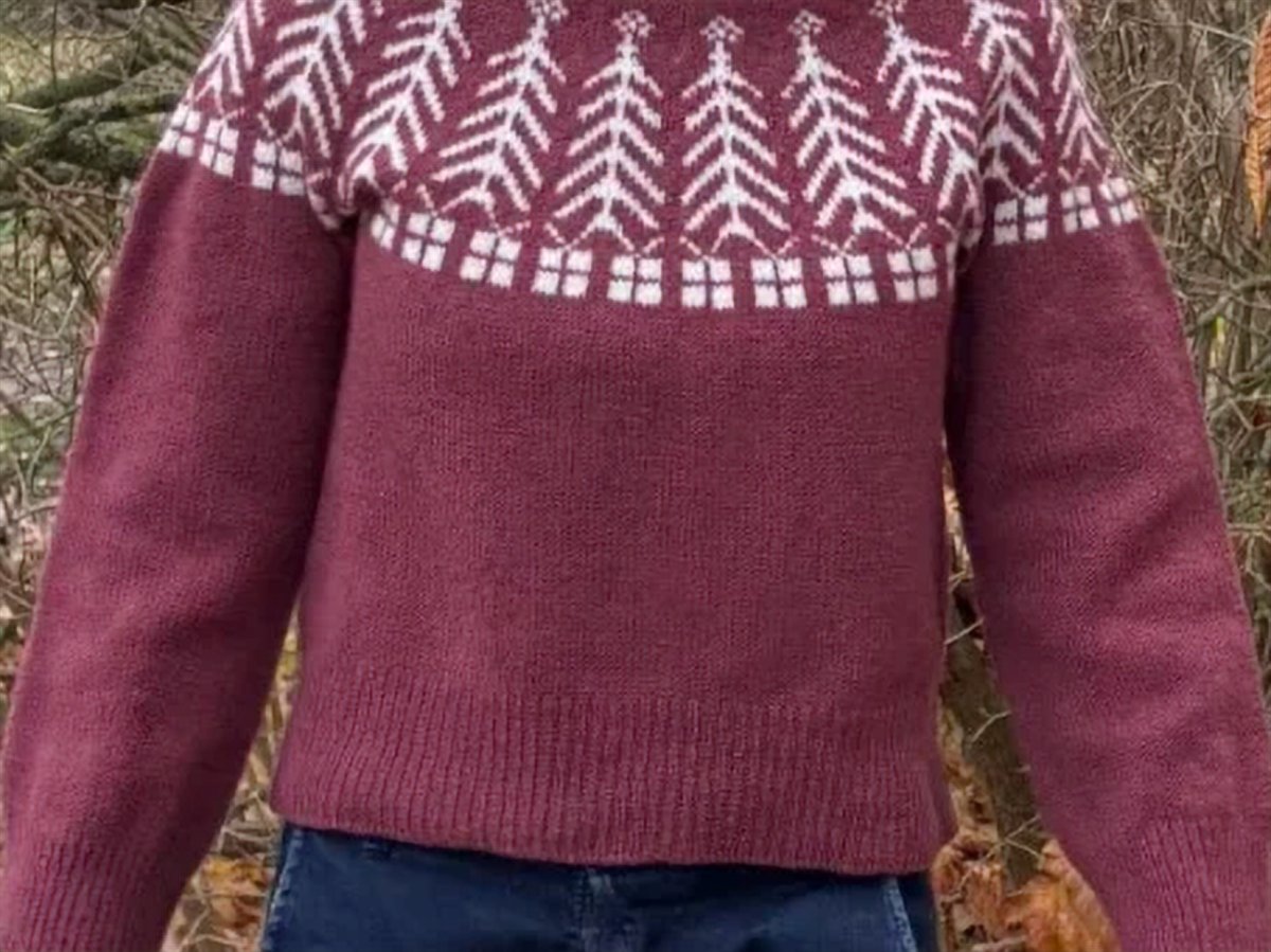 Rød julesweater med hvidt nordisk mønster på bærestykket